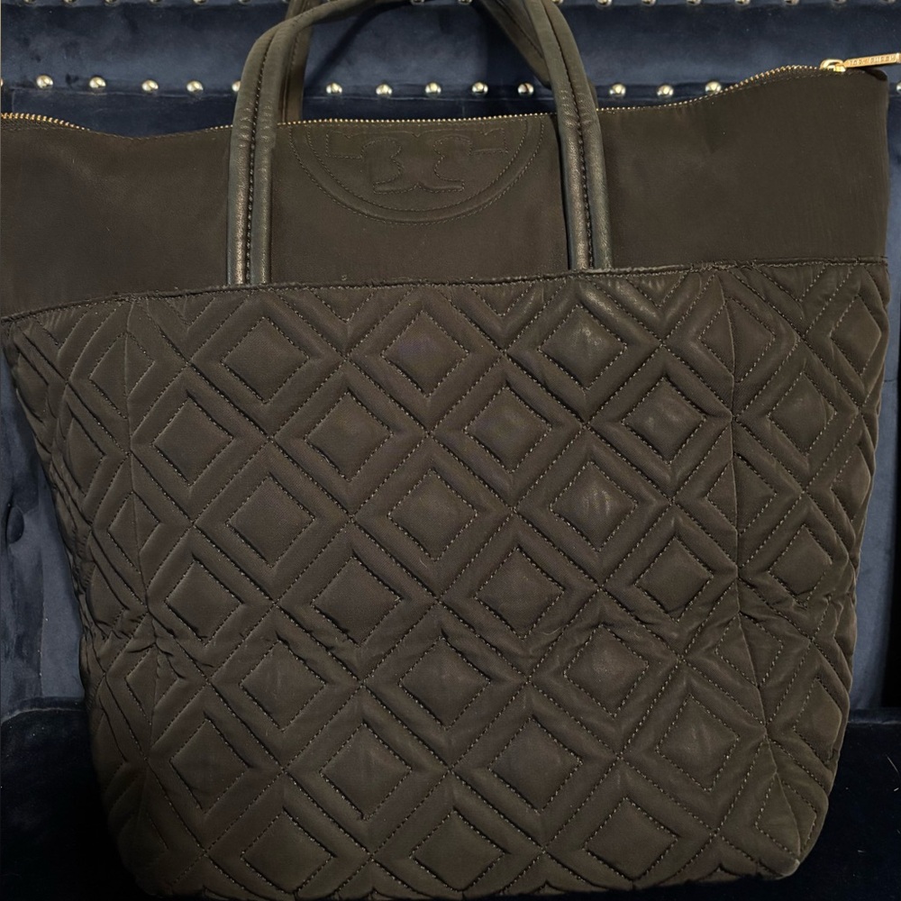 Tory Burch Quilted Black Fabric Shoulder Tote Bag